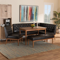 Baxton Studio BBT8051.13-Dark BrownWalnut-5PC Dining Nook Set Baxton Studio Riordan Mid-Century Modern Dark Brown Faux Leather Upholstered and Walnut Brown Finished Wood 5-Piece Dining Nook Set